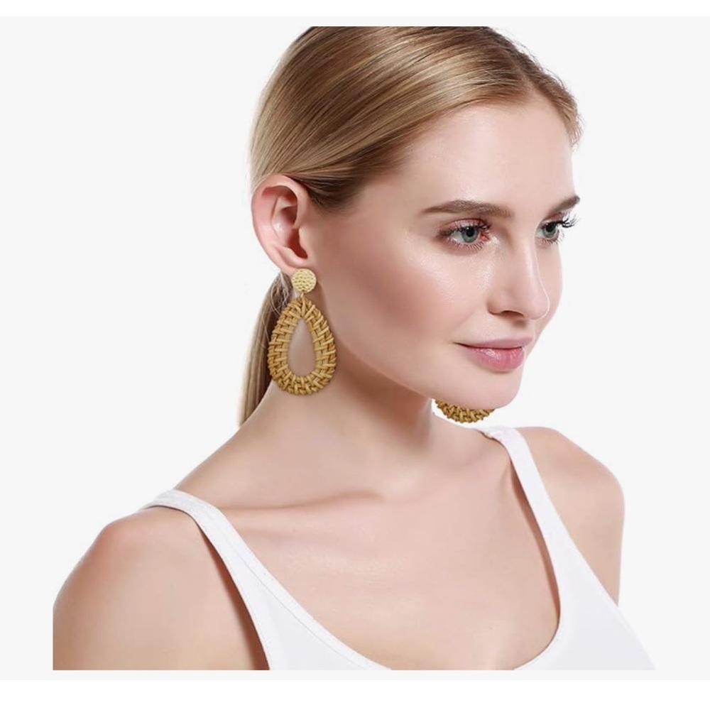 Handmade Straw Wicker Braid Teardrop Hoop Drop Dangle Earrings 4 Pairs - Picture 7 of 7